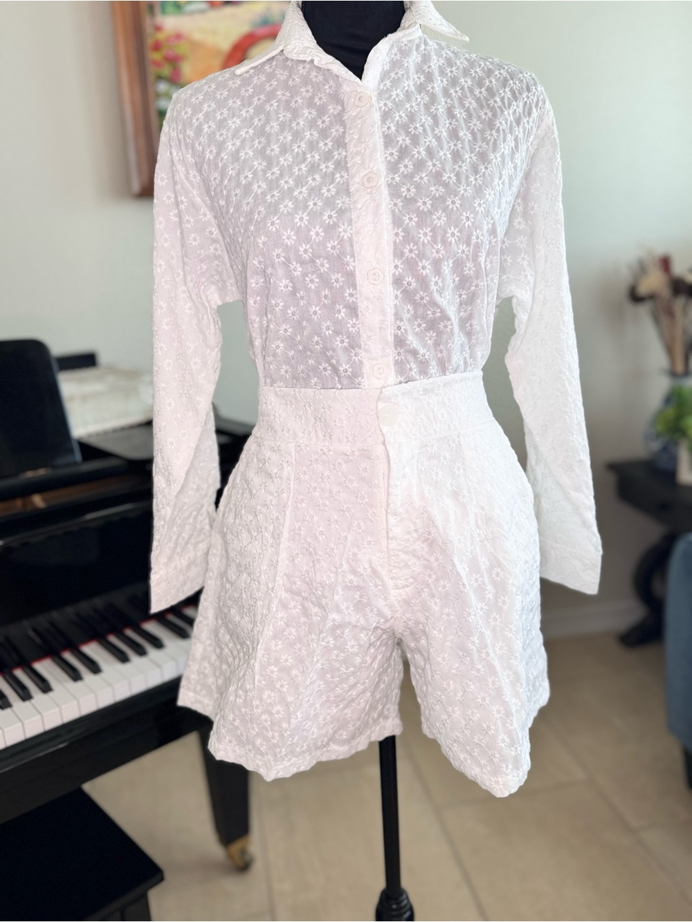 White Eyelet High-Waist Shorts - Classic Summer Style